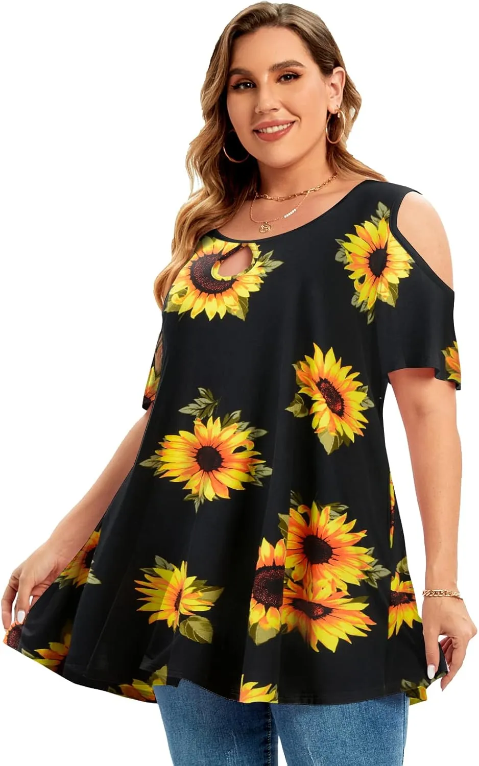 MONNURO Plus Size Cold Shoulder Tops For Women Sexy Ruffle Short Sleeve Tunic