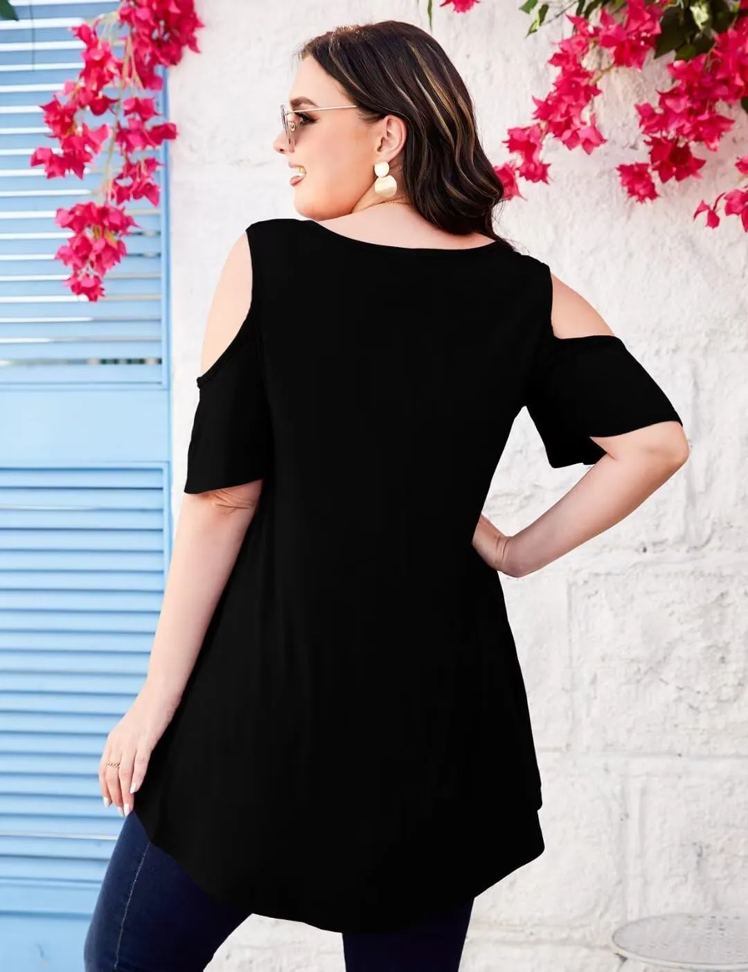 MONNURO Plus Size Cold Shoulder Tops For Women Sexy Ruffle Short Sleeve Tunic