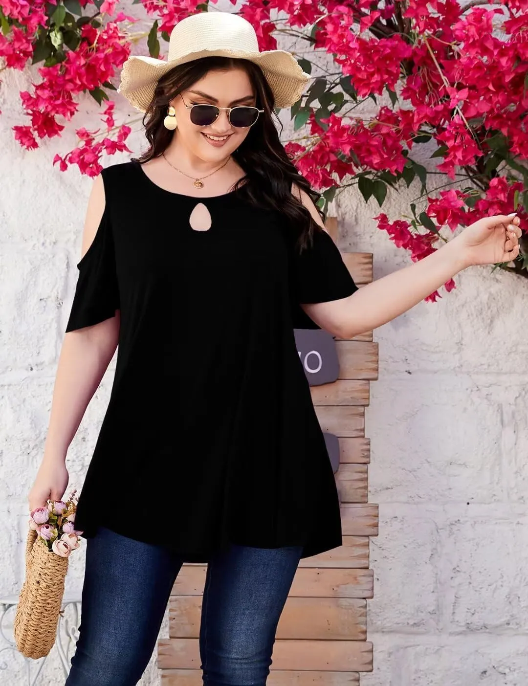 MONNURO Plus Size Cold Shoulder Tops For Women Sexy Ruffle Short Sleeve Tunic
