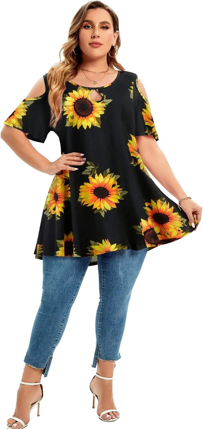 MONNURO Plus Size Cold Shoulder Tops For Women Sexy Ruffle Short Sleeve Tunic