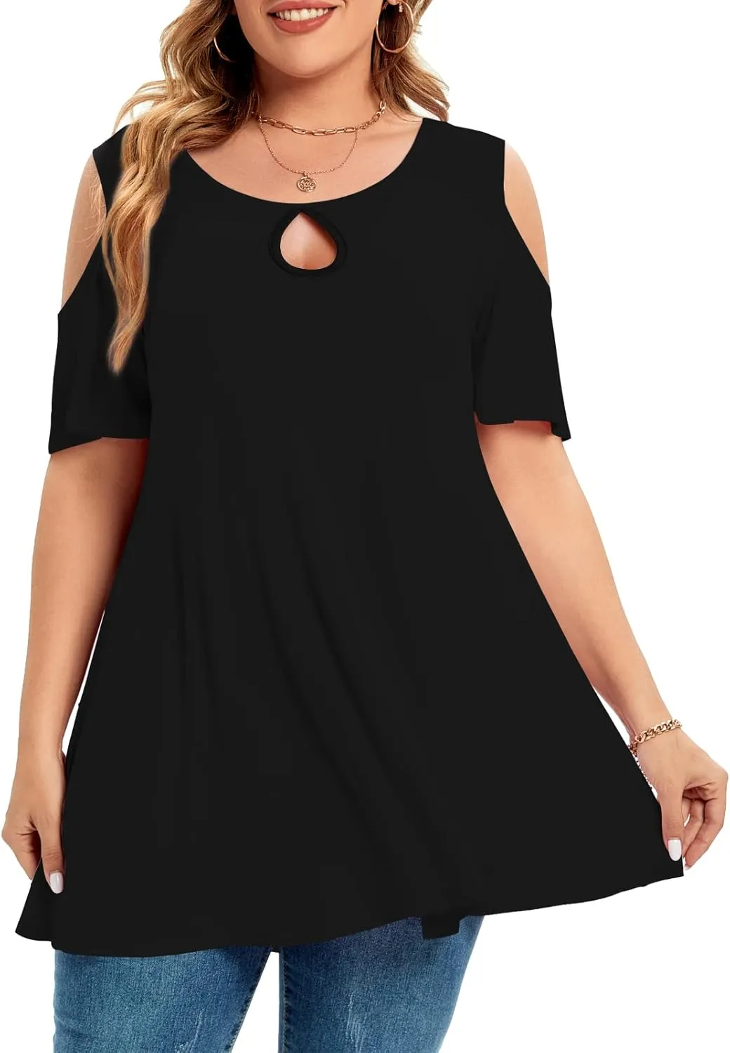 MONNURO Plus Size Cold Shoulder Tops For Women Sexy Ruffle Short Sleeve Tunic