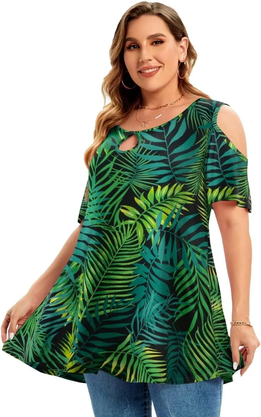 MONNURO Plus Size Cold Shoulder Tops For Women Sexy Ruffle Short Sleeve Tunic