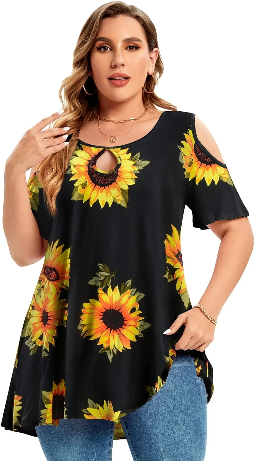 MONNURO Plus Size Cold Shoulder Tops For Women Sexy Ruffle Short Sleeve Tunic