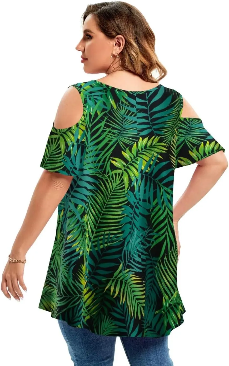 MONNURO Plus Size Cold Shoulder Tops For Women Sexy Ruffle Short Sleeve Tunic