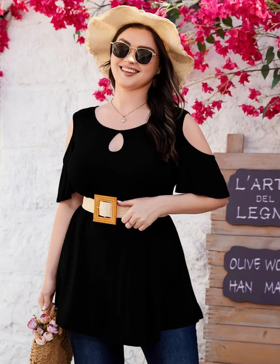 MONNURO Plus Size Cold Shoulder Tops For Women Sexy Ruffle Short Sleeve Tunic