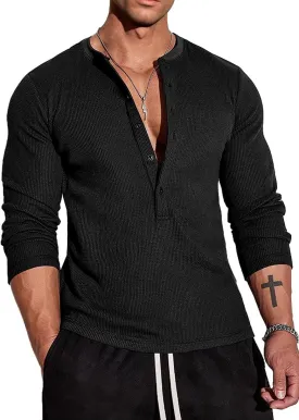 Muscle Cmdr Men's Waffle Henley Shirts Long Sleeve T-Shirt Stylish Casual 5 Button Placket Slim Fit Tee Thermal Underwear