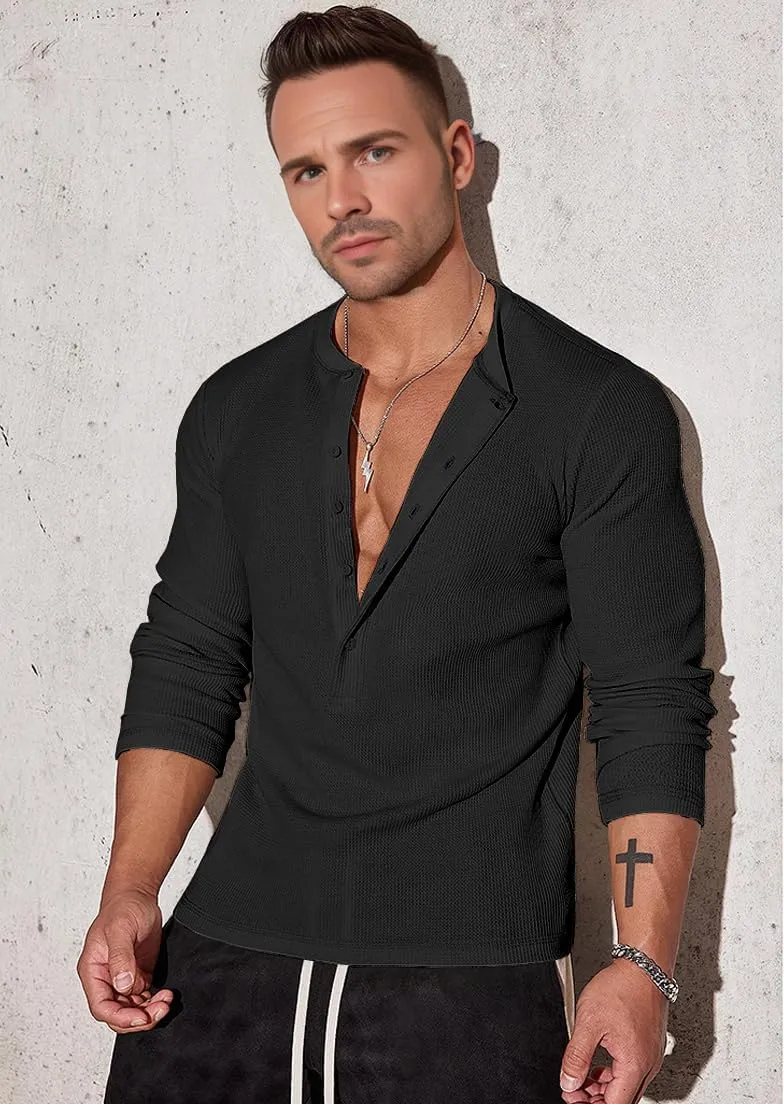 Muscle Cmdr Men's Waffle Henley Shirts Long Sleeve T-Shirt Stylish Casual 5 Button Placket Slim Fit Tee Thermal Underwear