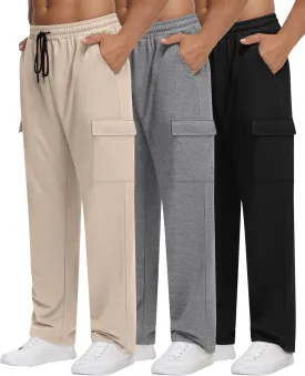 Neer 3 Pack Men's Cargo Sweatpants Baggy Open Bottom Straight Leg Drawstring Joggers Casual Lounge Pants with Pockets