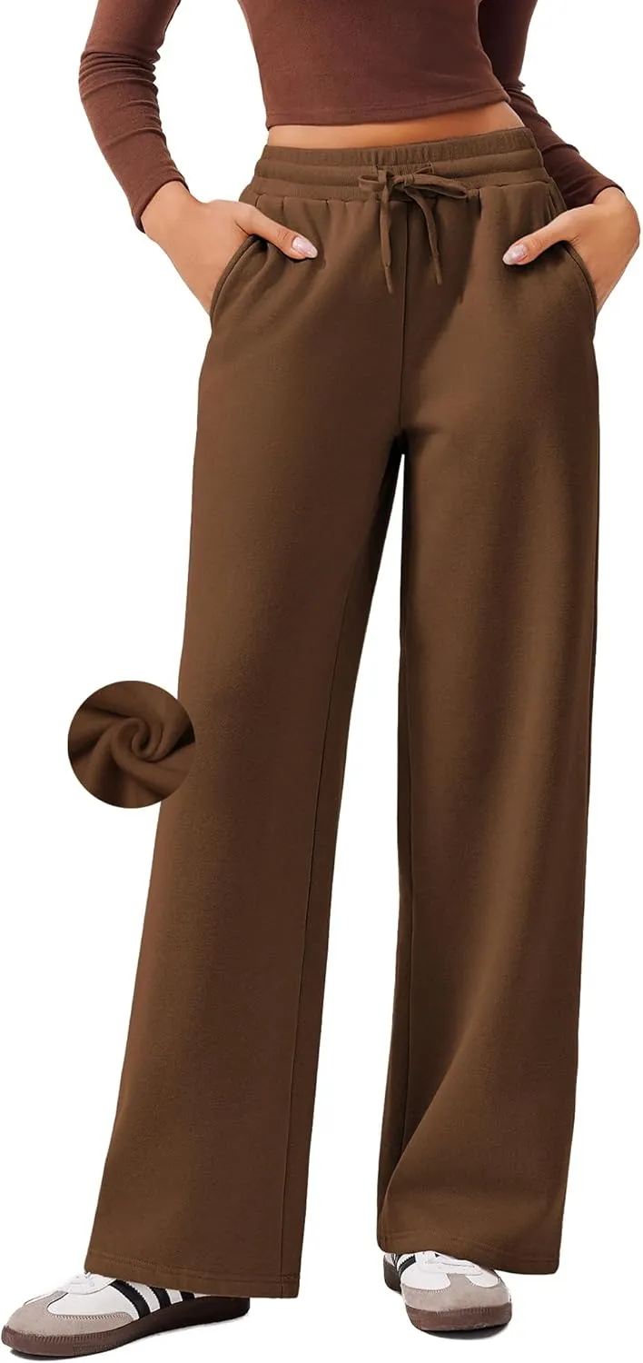PINSPARK Womens Fleece Wide Leg Sweatpants High Waisted Athletic Sweat Pants Winter Baggy Workout Pant with Pocket