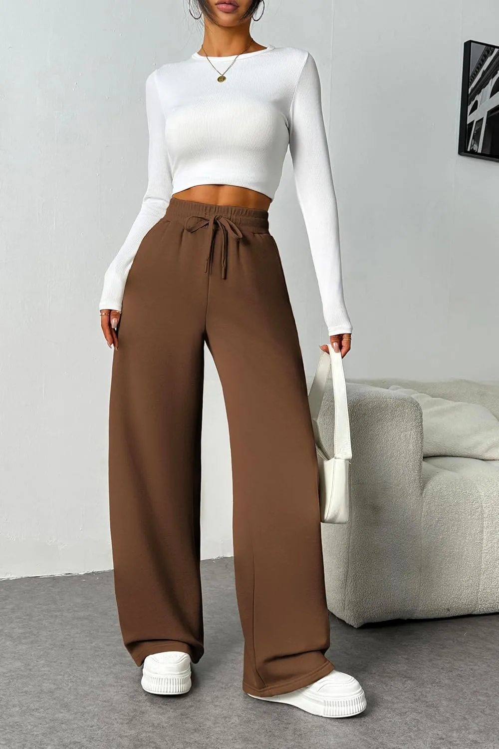 PINSPARK Womens Fleece Wide Leg Sweatpants High Waisted Athletic Sweat Pants Winter Baggy Workout Pant with Pocket