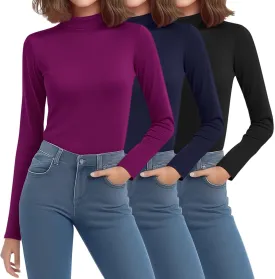 Riyiper 3 Pack Women's Mock Neck Tops, Long Sleeve Casual Shirts Slim Fitted Basic T Shirts Lightweight Base Layer Pullover