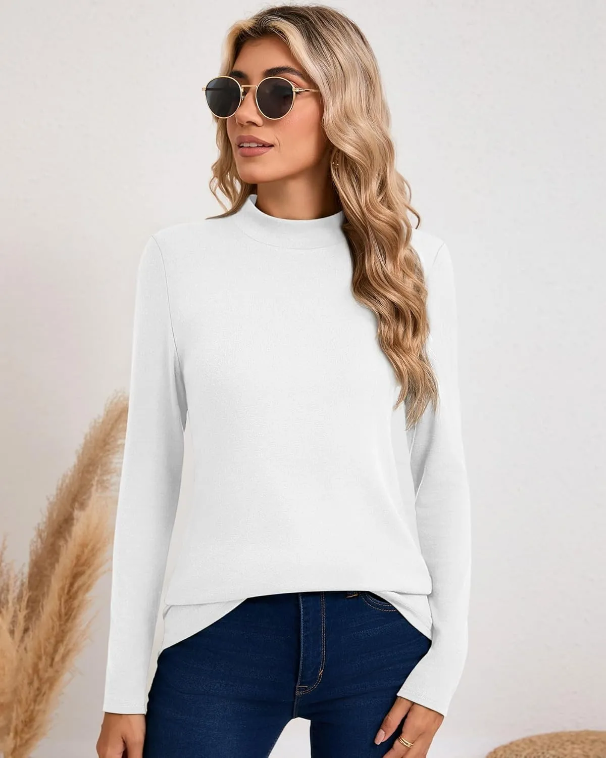 Riyiper 3 Pack Women's Mock Neck Tops, Long Sleeve Casual Shirts Slim Fitted Basic T Shirts Lightweight Base Layer Pullover