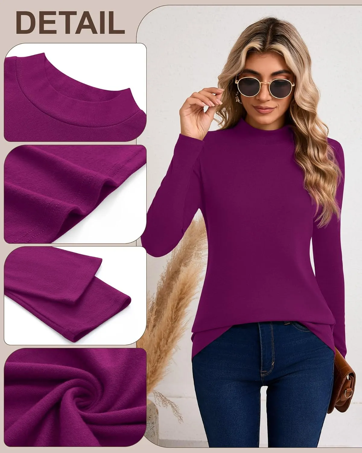 Riyiper 3 Pack Women's Mock Neck Tops, Long Sleeve Casual Shirts Slim Fitted Basic T Shirts Lightweight Base Layer Pullover