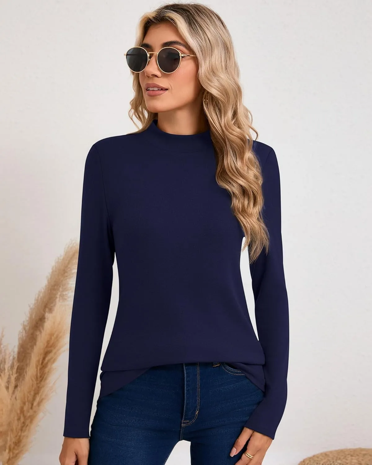 Riyiper 3 Pack Women's Mock Neck Tops, Long Sleeve Casual Shirts Slim Fitted Basic T Shirts Lightweight Base Layer Pullover