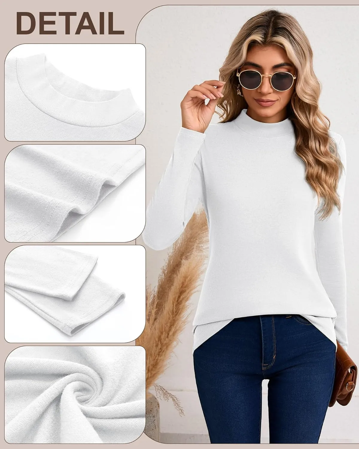 Riyiper 3 Pack Women's Mock Neck Tops, Long Sleeve Casual Shirts Slim Fitted Basic T Shirts Lightweight Base Layer Pullover