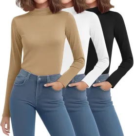 Riyiper 3 Pack Women's Mock Neck Tops, Long Sleeve Casual Shirts Slim Fitted Basic T Shirts Lightweight Base Layer Pullover