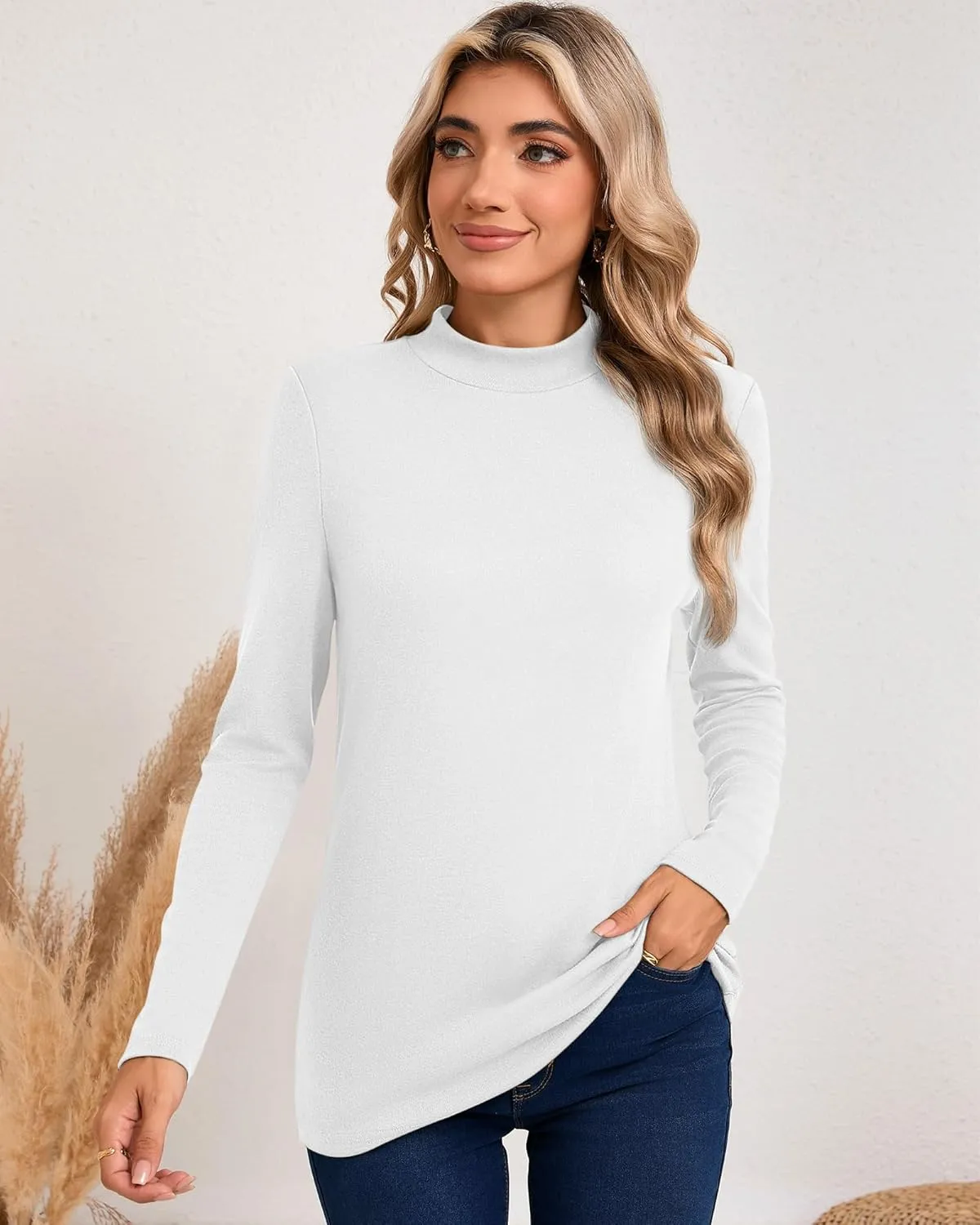 Riyiper 3 Pack Women's Mock Neck Tops, Long Sleeve Casual Shirts Slim Fitted Basic T Shirts Lightweight Base Layer Pullover