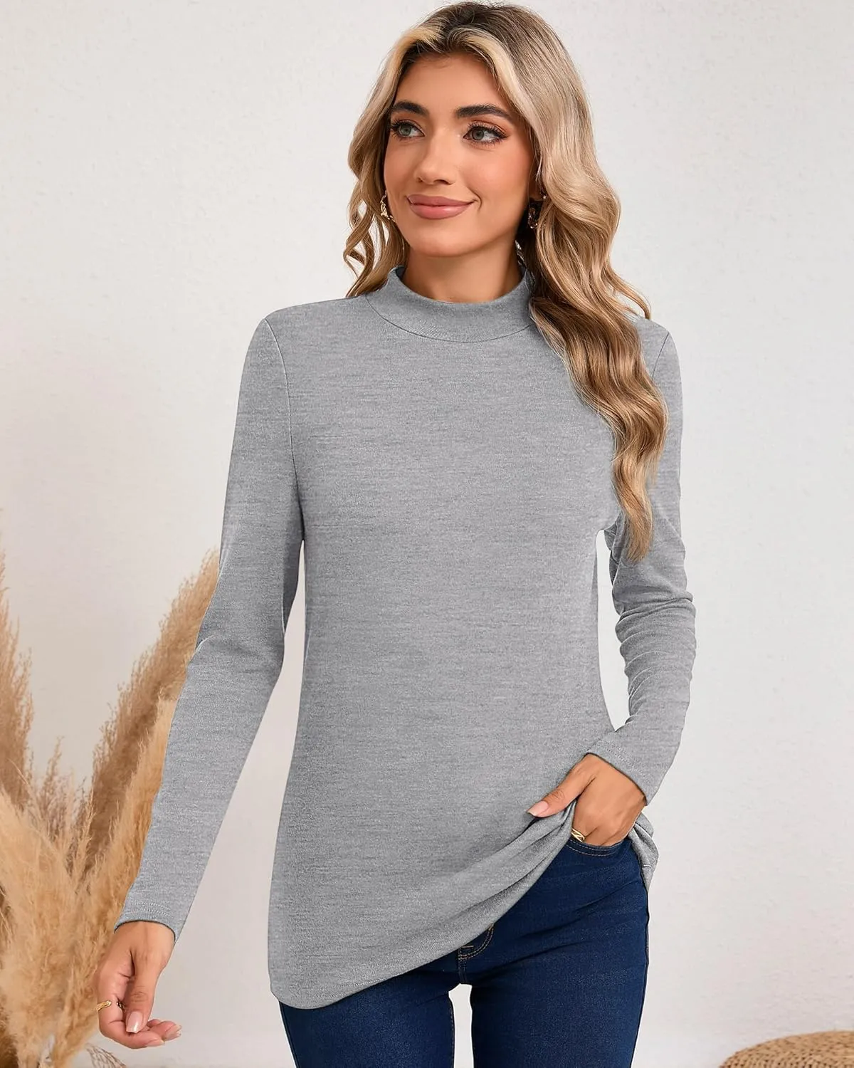 Riyiper 3 Pack Women's Mock Neck Tops, Long Sleeve Casual Shirts Slim Fitted Basic T Shirts Lightweight Base Layer Pullover