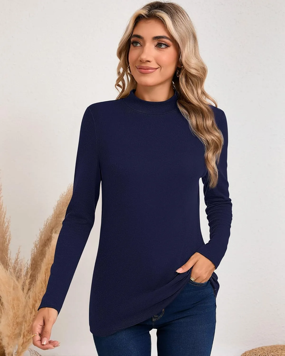 Riyiper 3 Pack Women's Mock Neck Tops, Long Sleeve Casual Shirts Slim Fitted Basic T Shirts Lightweight Base Layer Pullover