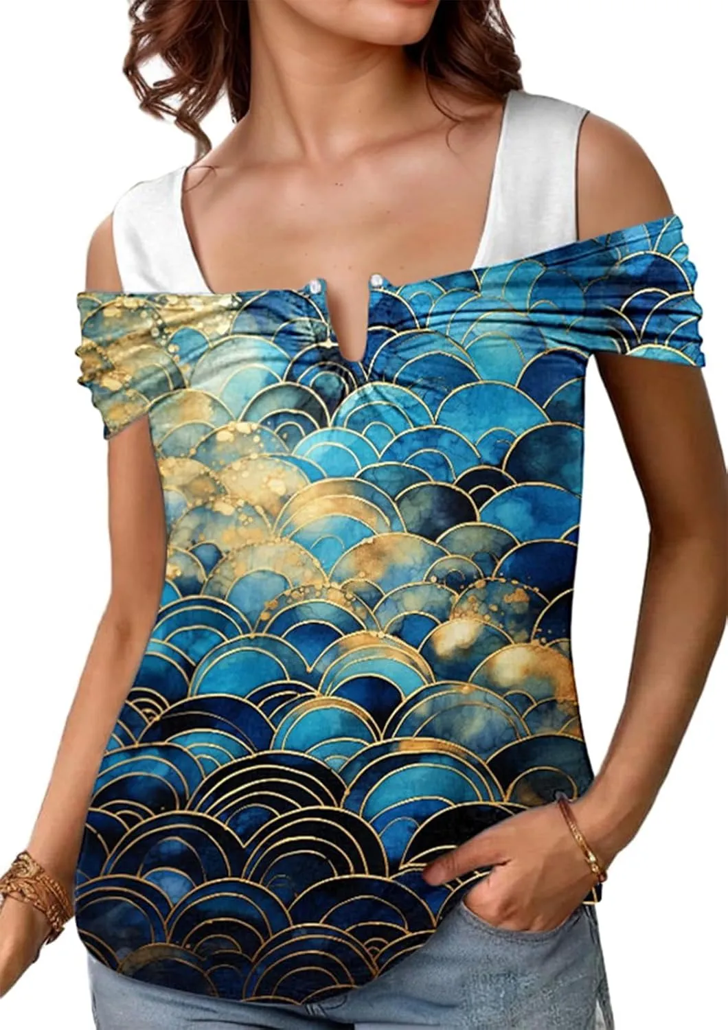 SAUKOLE Womens Casual Cold Shoulder Tops Fashion Ruched Short Sleeve T Shirts 2025 Summer V Neck Blouse Shirt