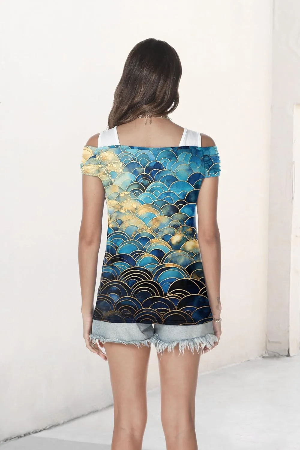 SAUKOLE Womens Casual Cold Shoulder Tops Fashion Ruched Short Sleeve T Shirts 2025 Summer V Neck Blouse Shirt