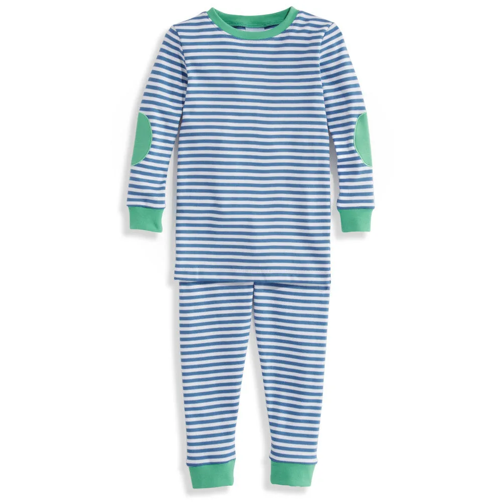 Striped Palmer Pima Jammies -- Royal/White Stripe w/ Green