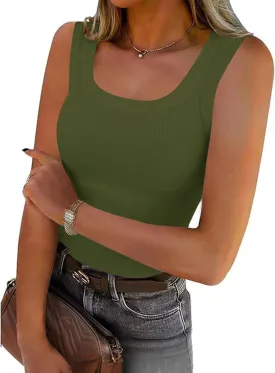 SVALIY Summer Womens Tank Tops 2024 Square Neck Fitted Sleeveless Shirts for Women Ribbed Basic Top