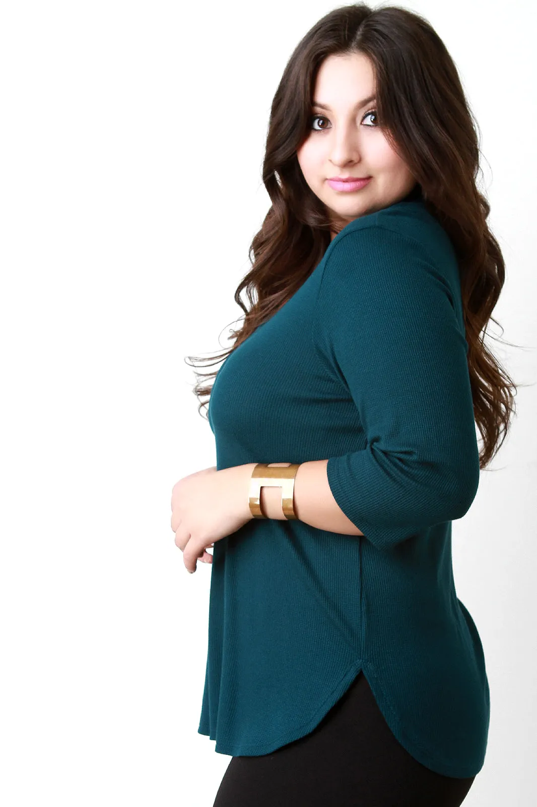 Three Quarter Sleeve Keyhole Neckline Thermal Top