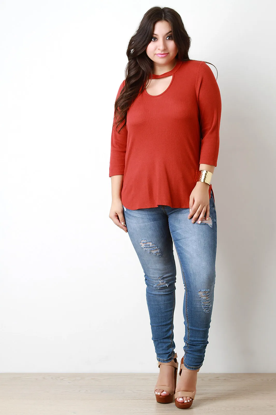 Three Quarter Sleeve Keyhole Neckline Thermal Top