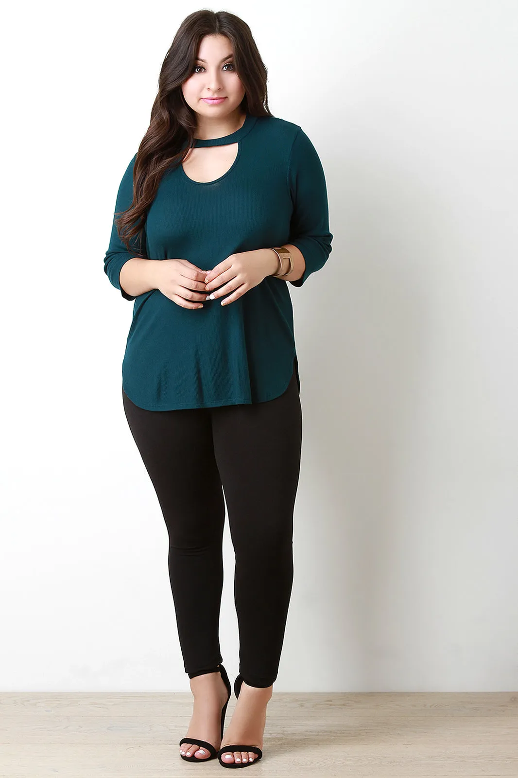 Three Quarter Sleeve Keyhole Neckline Thermal Top