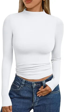 Trendy Queen Womens Long Sleeve Shirts Mock Neck Crop Tops Basic Turtleneck Tee Fall Fashion Thermal Underswear Clothes