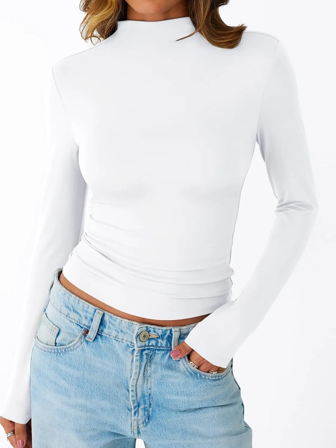 Trendy Queen Womens Long Sleeve Shirts Mock Neck Crop Tops Basic Turtleneck Tee Fall Fashion Thermal Underswear Clothes