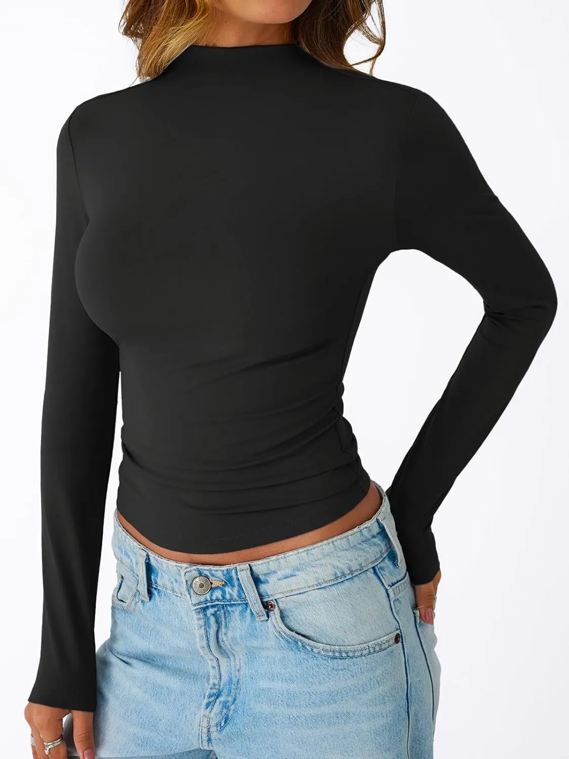 Trendy Queen Womens Long Sleeve Shirts Mock Neck Crop Tops Basic Turtleneck Tee Fall Fashion Thermal Underswear Clothes