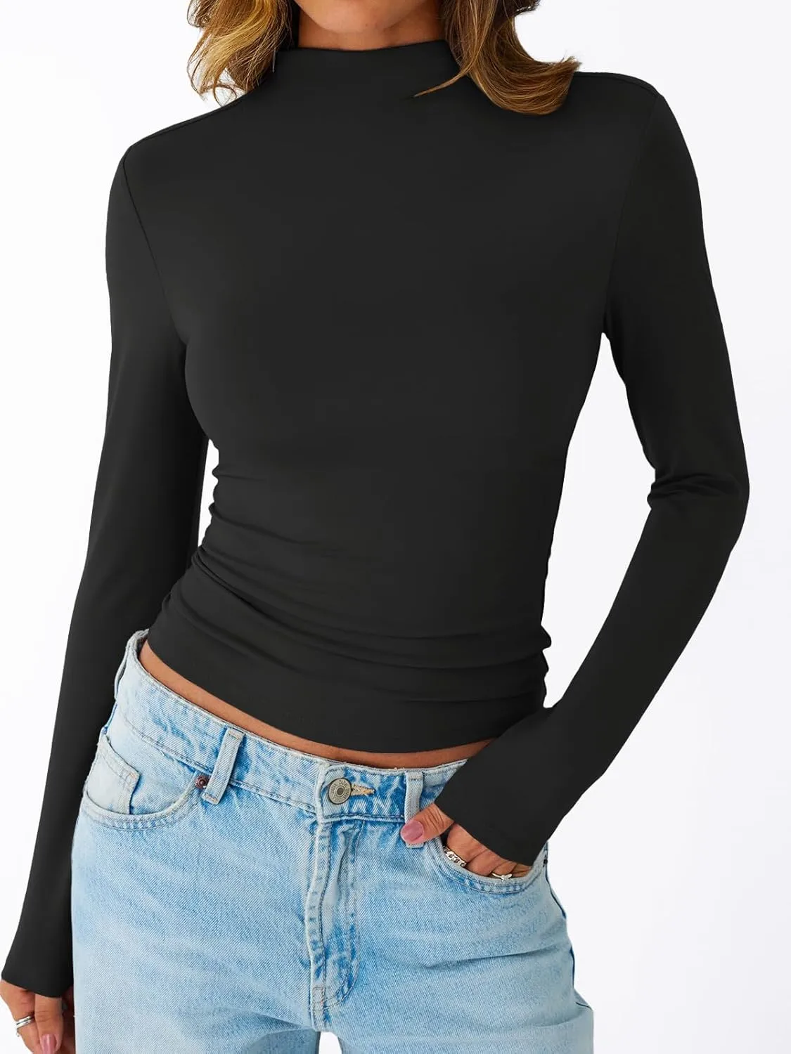 Trendy Queen Womens Long Sleeve Shirts Mock Neck Crop Tops Basic Turtleneck Tee Fall Fashion Thermal Underswear Clothes