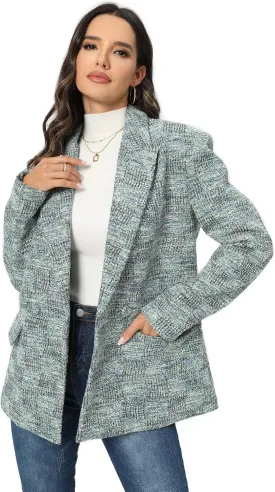 TRNY Tweed Plaid Blazer Coat for Women - Oversized Double-Breasted Suit Jacket Casual Work Office Blazer with Pockets