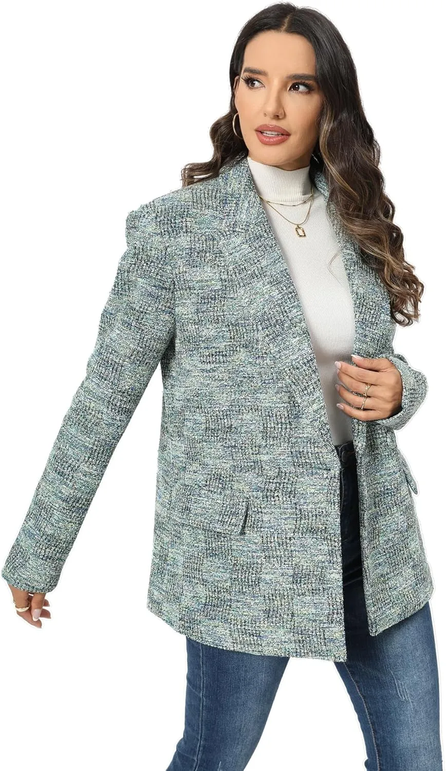 TRNY Tweed Plaid Blazer Coat for Women - Oversized Double-Breasted Suit Jacket Casual Work Office Blazer with Pockets