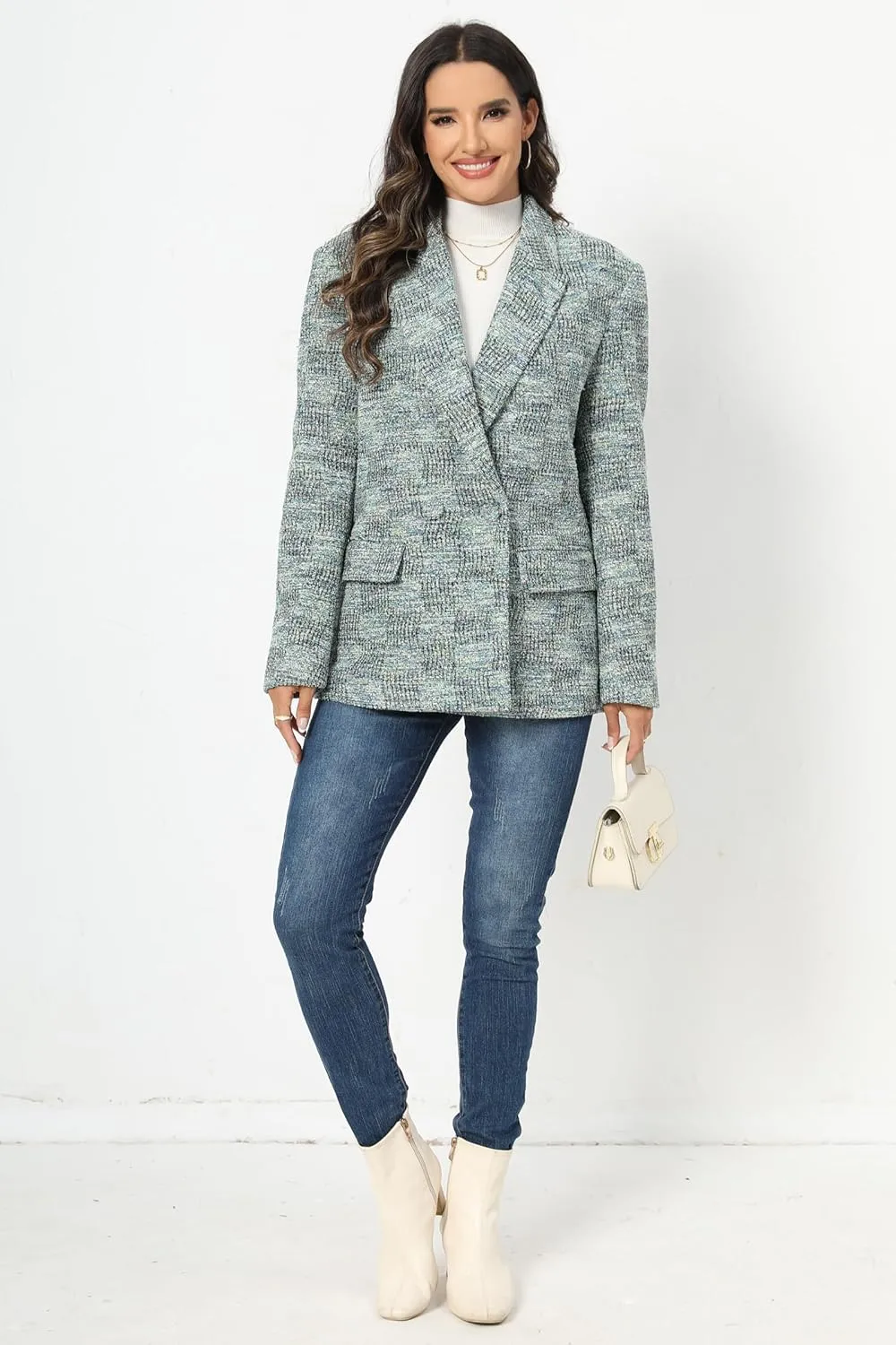 TRNY Tweed Plaid Blazer Coat for Women - Oversized Double-Breasted Suit Jacket Casual Work Office Blazer with Pockets
