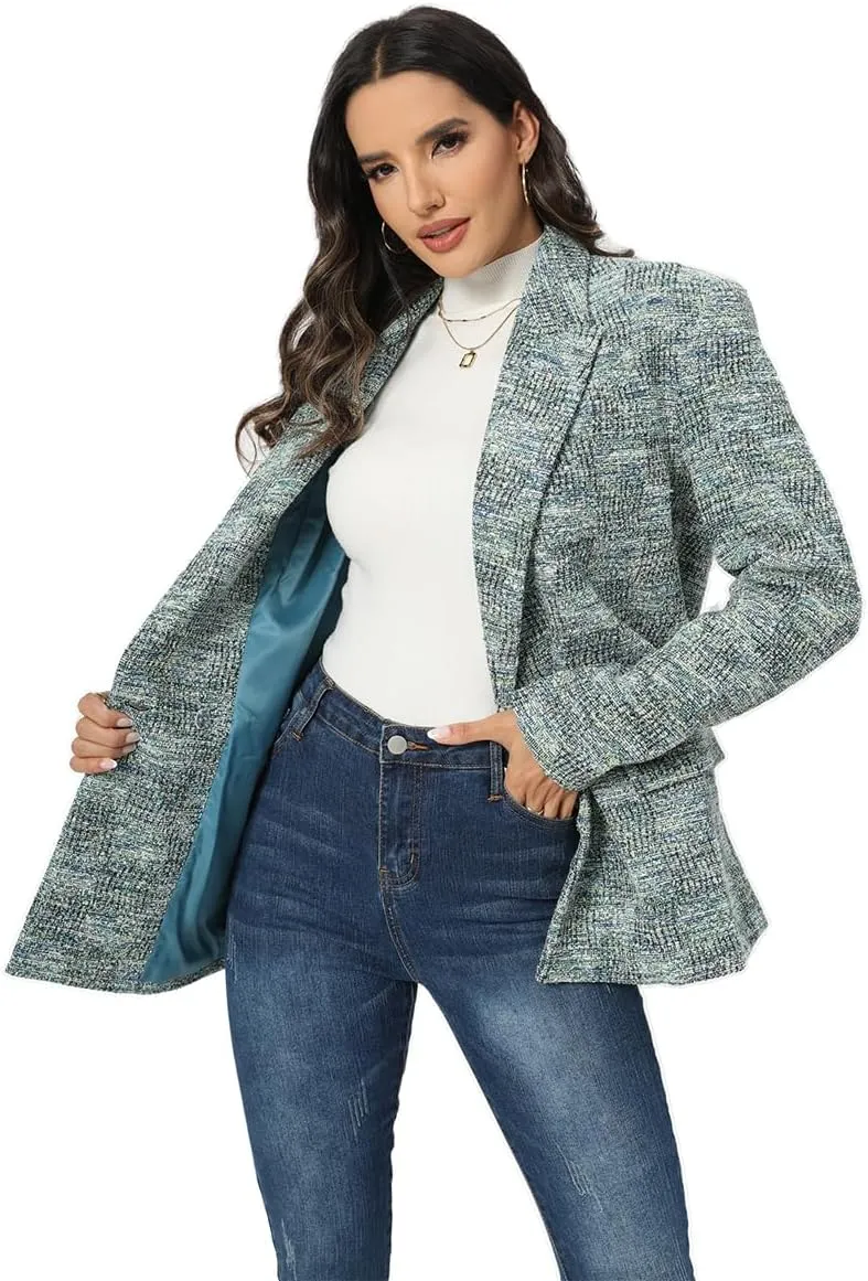 TRNY Tweed Plaid Blazer Coat for Women - Oversized Double-Breasted Suit Jacket Casual Work Office Blazer with Pockets