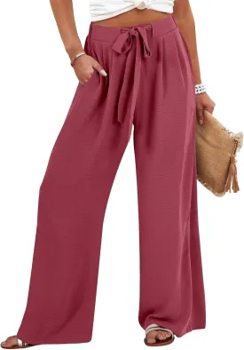 Wide Leg Pants Woman High Waisted Lounge Pants Adjustable Tie Palazzo Pant Flowy Casual Work Trousers with Pockets