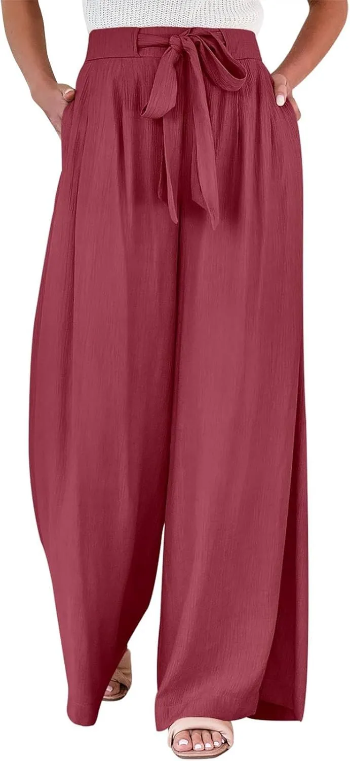 Wide Leg Pants Woman High Waisted Lounge Pants Adjustable Tie Palazzo Pant Flowy Casual Work Trousers with Pockets