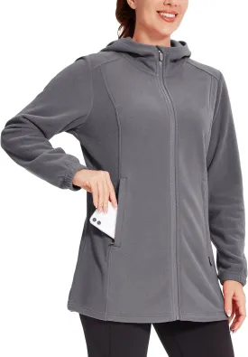 Willit Women's Long Fleece Jacket Full-Zip Thermal Fleece Hooded Jacket Lightweight Winter Coat