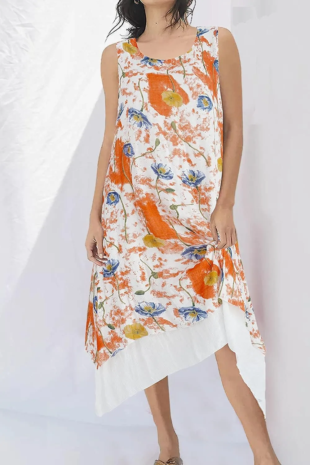 Women Casual Boho Floral Print Layers Cotton Linen Dress Irregular Bottom Loose Sundress