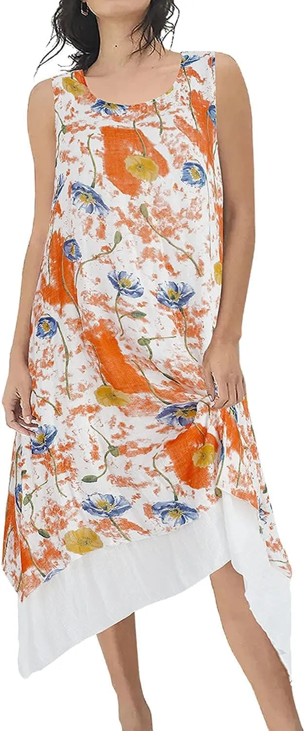 Women Casual Boho Floral Print Layers Cotton Linen Dress Irregular Bottom Loose Sundress