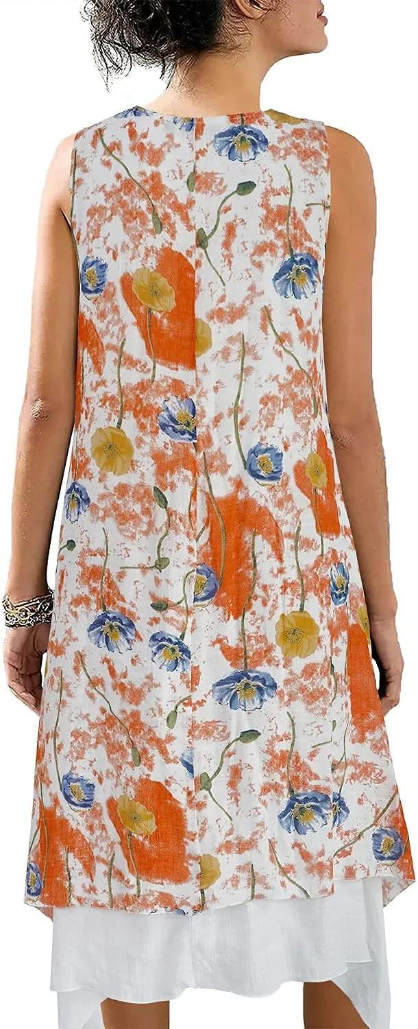 Women Casual Boho Floral Print Layers Cotton Linen Dress Irregular Bottom Loose Sundress