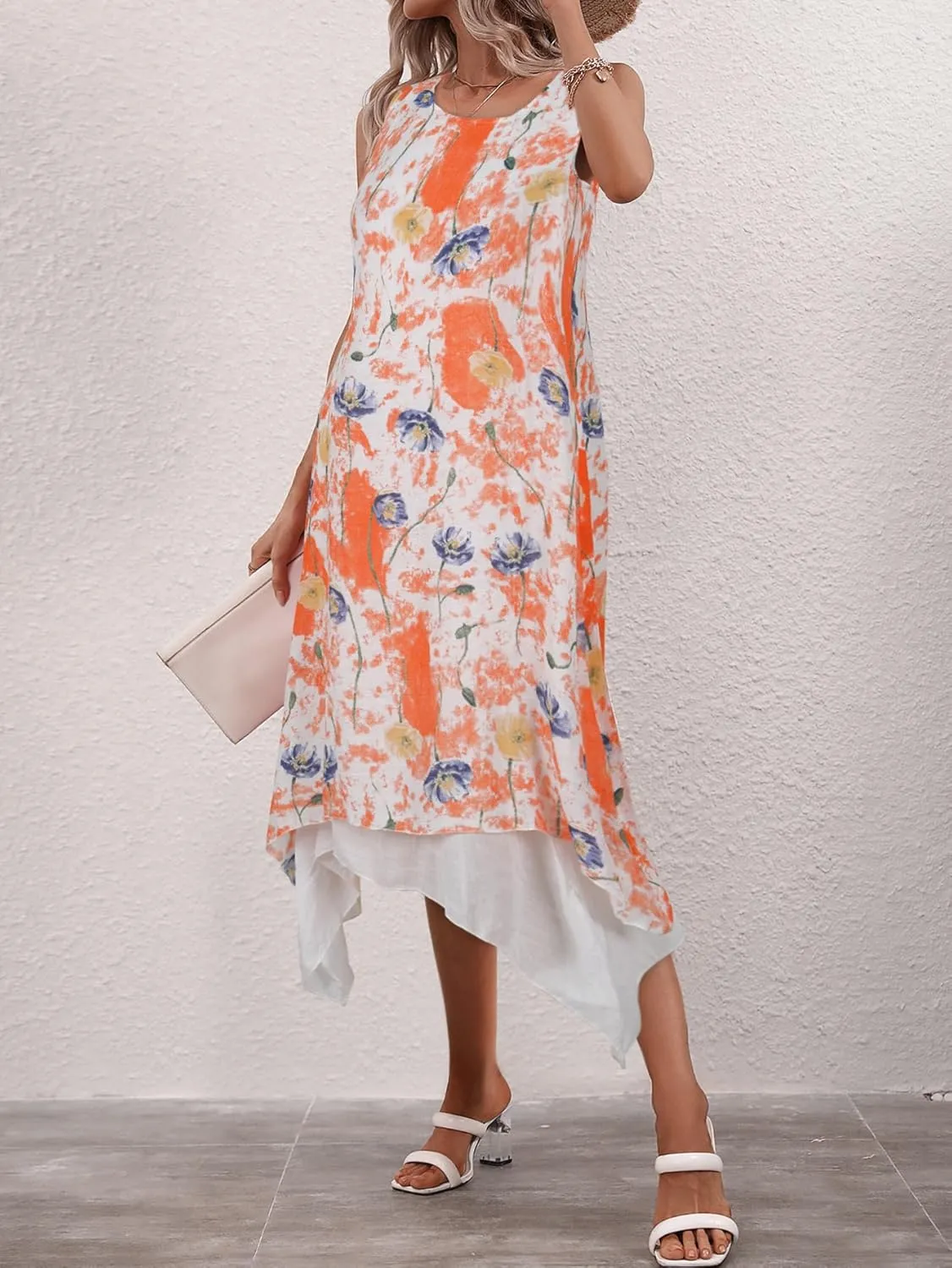 Women Casual Boho Floral Print Layers Cotton Linen Dress Irregular Bottom Loose Sundress