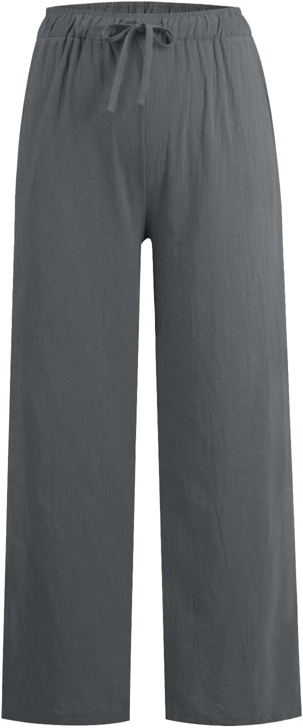 Women Linen Pants Casual High Waist Lightweight Lounge Pants Drawstring Loose Fit Summer Trousers with Pockets