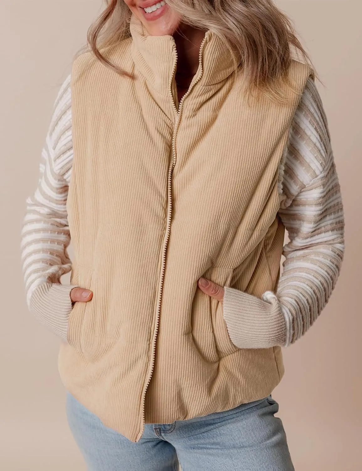 Women Quilted Puffer Vest Corduroy Sleeveless Jacket Zip Up Stand collar Lightweight Outerwear with Pocket 2025 Trendy