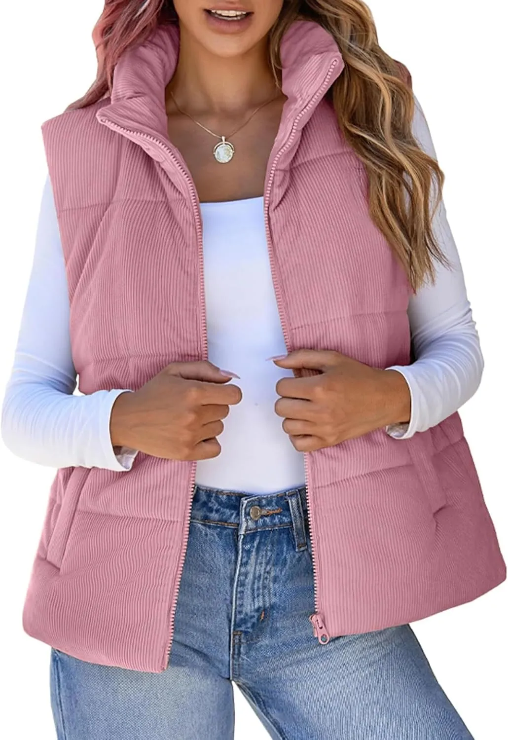Women Quilted Puffer Vest Corduroy Sleeveless Jacket Zip Up Stand collar Lightweight Outerwear with Pocket 2025 Trendy