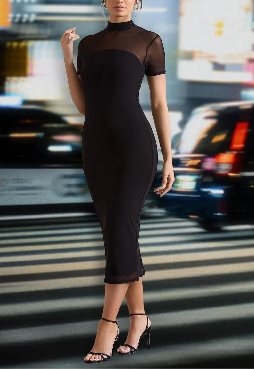 Women's Casual Mesh Short Sleeve Bodycon Mock Neck Keyhole Back Slim Club Party Midi Dresses