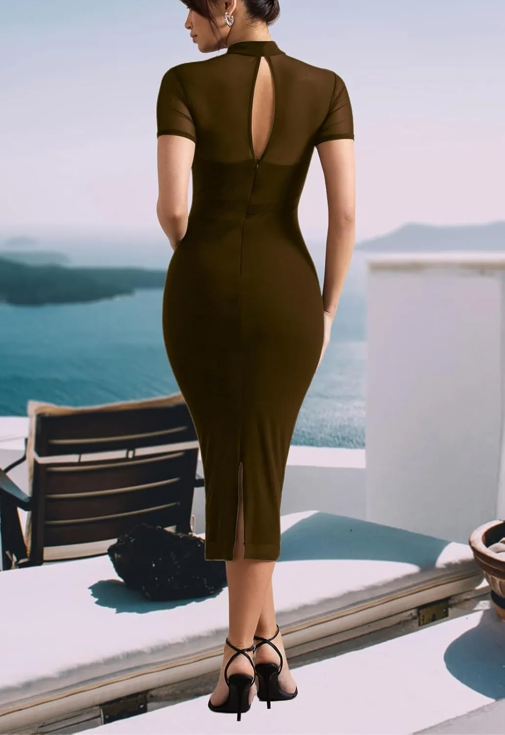 Women's Casual Mesh Short Sleeve Bodycon Mock Neck Keyhole Back Slim Club Party Midi Dresses